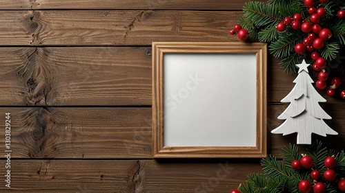 Greeting card christmas mockup with fir tree branches on dark wooden background