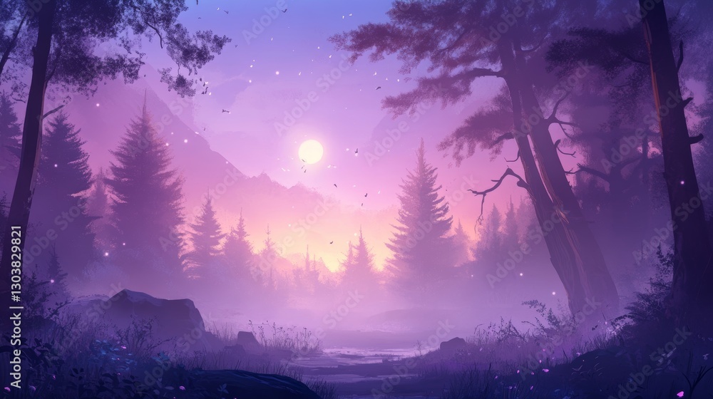 Obraz premium Enchanted Sunset: A Dreamlike Forest at Dusk