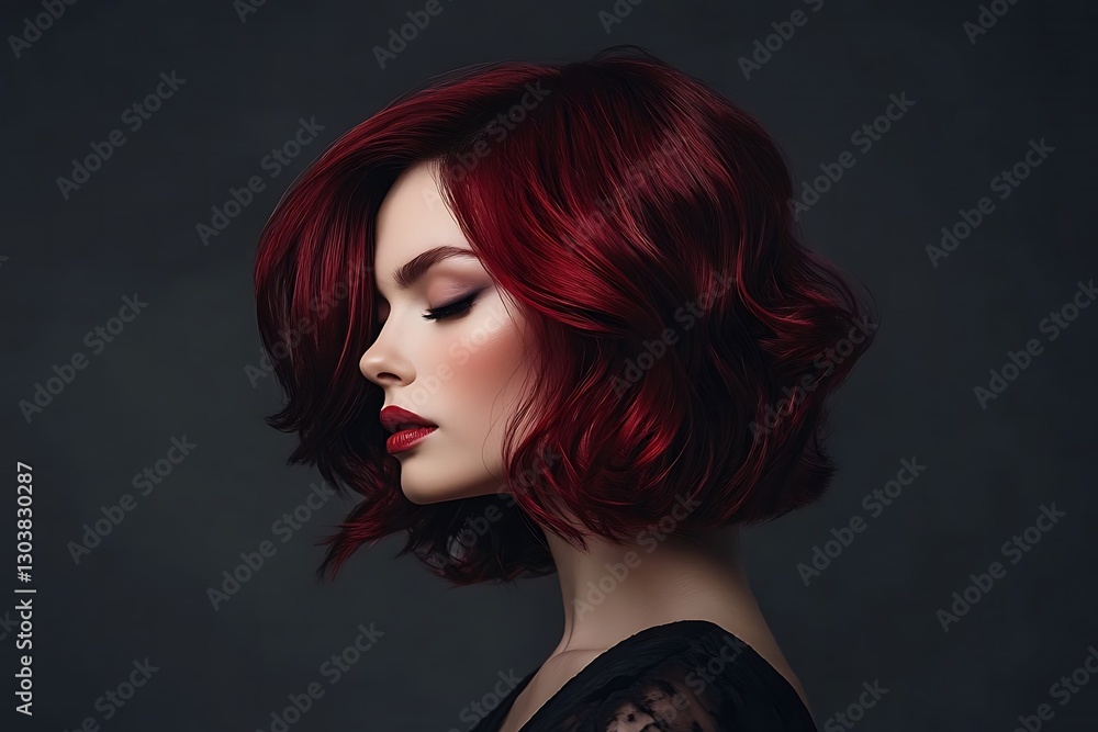 Fototapeta premium Fashion model with burgundy, wavy bob hairstyle against dark gray background in professional studio portrait. Ideal for beauty industry ad with burgundy and black color palette..