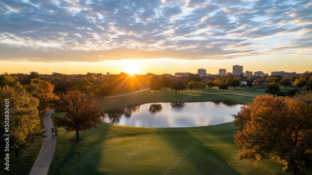 Fototapeta premium Autumn Golf Course Sunset Cityscape
