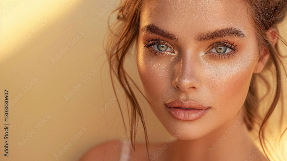 Naklejka premium A Beauty Influencer with Glamorous Makeup, Looking Directly at the Camera
