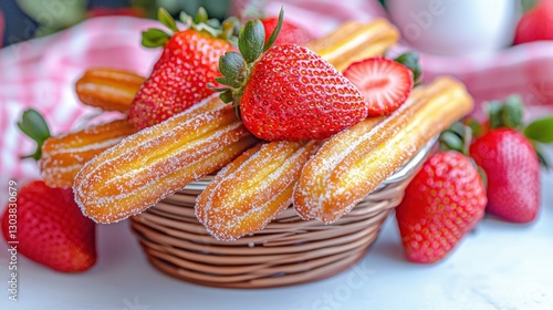 Delicious Churros with Fresh Strawberries in Basket