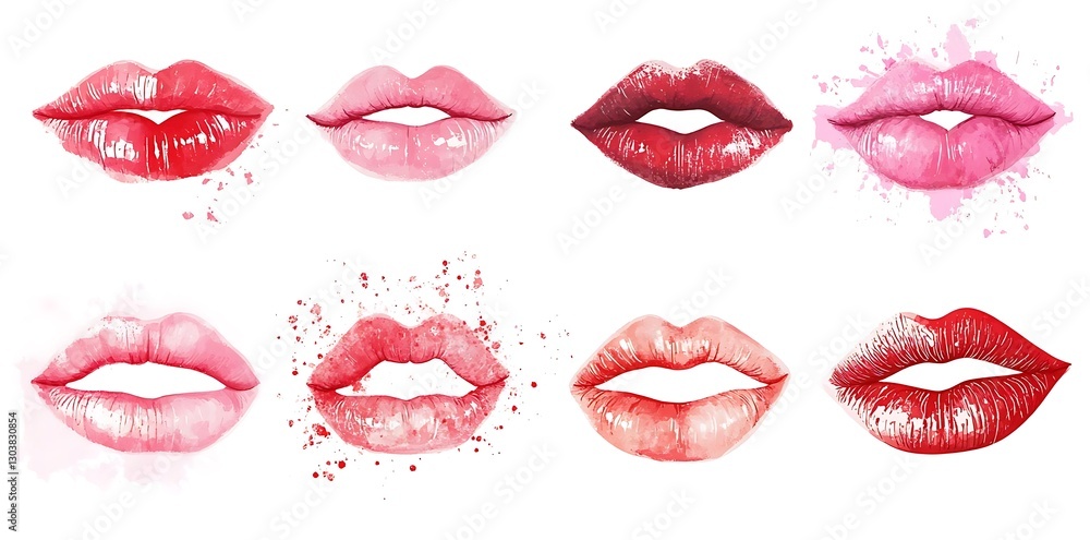 Set of various pink and red lipstick kiss prints isolated on white, symbolizing Valentine's love. Set of various pink and red lipstick kiss prints isolated on white, symbolizing Valentine's love.
