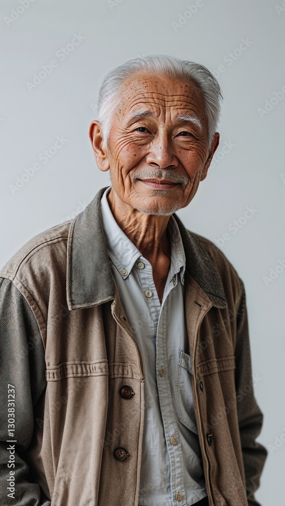Asian elderly guy plain white background in casual stylish fashion whole body portrait Asian elderly guy plain white background in casual stylish fashion whole body portrait