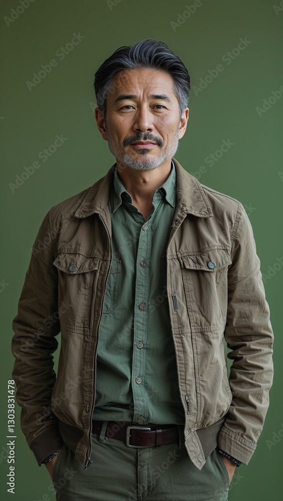 Fototapeta premium Asian middle aged guy plain green background in casual stylish fashion whole body portrait