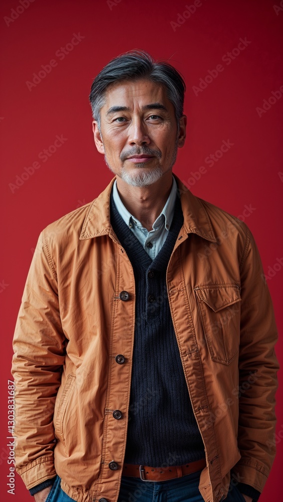 Asian middle aged guy plain red background in casual stylish fashion whole body portrait Asian middle aged guy plain red background in casual stylish fashion whole body portrait