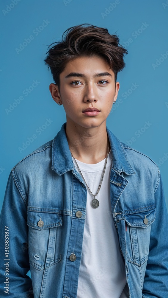 Fototapeta premium Asian teen guy plain blue background in casual stylish fashion whole body portrait