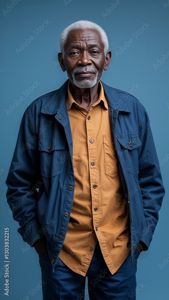 Obraz premium black African elderly guy plain blue background in casual stylish fashion whole body portrait