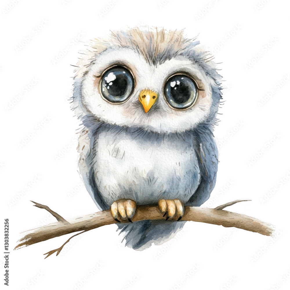 Fototapeta premium A cute, fluffy owl with large eyes perched on a branch, showcasing a charming and whimsical appearance.