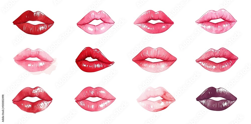 Naklejka premium Set of various pink and red lipstick kiss prints isolated on white, symbolizing Valentine's love.