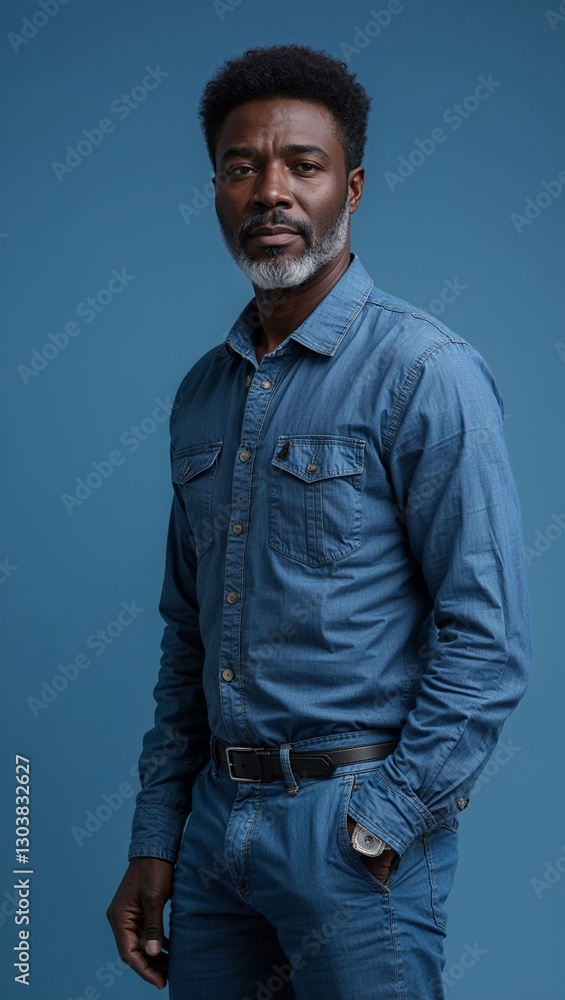 Obraz premium black African middle aged guy plain blue background in casual stylish fashion whole body portrait