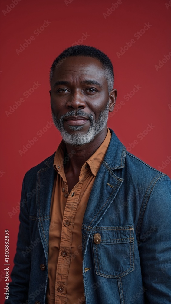 Fototapeta premium black African middle aged guy plain red background in casual stylish fashion whole body portrait