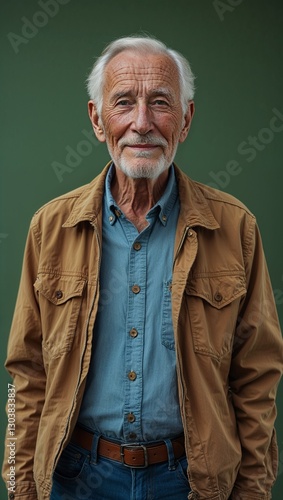 Caucasian elderly guy plain green background in casual stylish fashion whole body portrait
