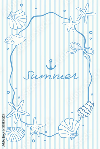 Background frame border illustration decorated with seashells, Vector design template for card, invitation, poster.