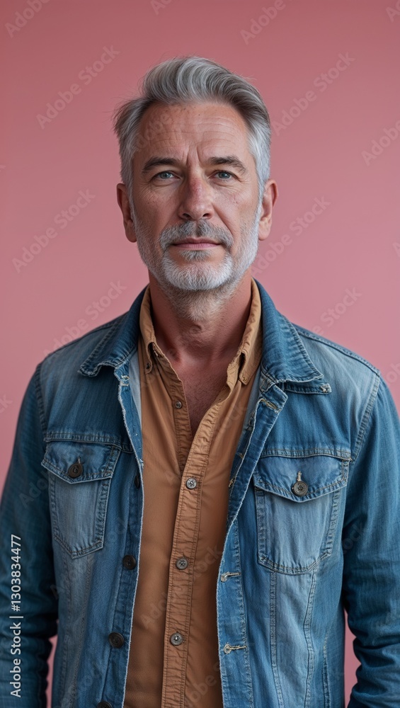 Obraz premium Caucasian middle aged guy plain pink background in casual stylish fashion whole body portrait