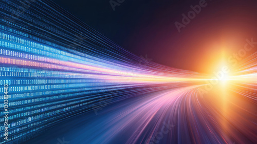 Abstract digital binary code and light trails in motion, symbolizing speed and data flow