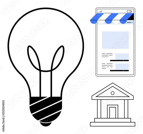 Lightbulb, mobile storefront, and bank icon representing innovation, digital commerce, online services, entrepreneurship, banking, finance and creativity. Ideal for startups fintech technology