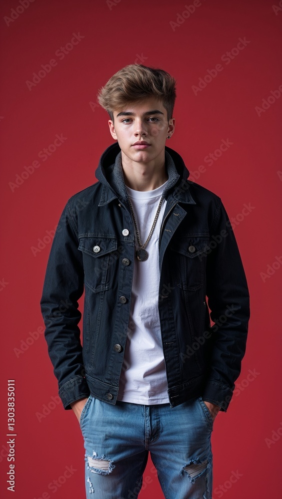 Caucasian teen guy plain red background in casual stylish fashion whole body portrait Caucasian teen guy plain red background in casual stylish fashion whole body portrait