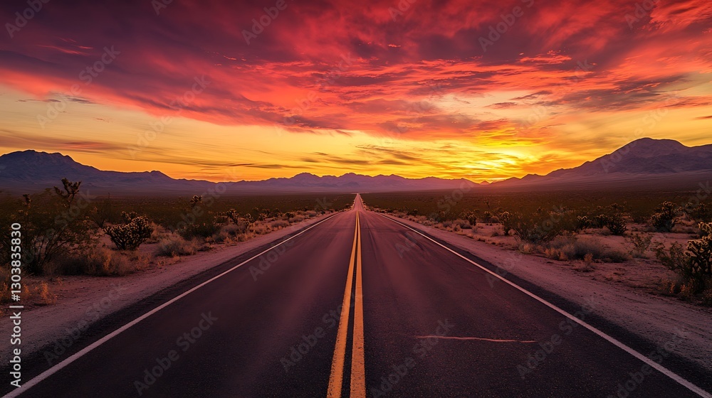 Fototapeta premium Desert highway stretches towards the horizon bathed in the sunset glow adventure awaits