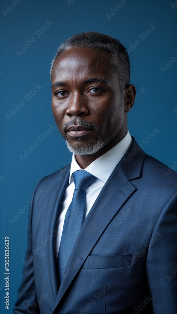 plain blue background black African middle aged guy in formal suit whole body portrait plain blue background black African middle aged guy in formal suit whole body portrait