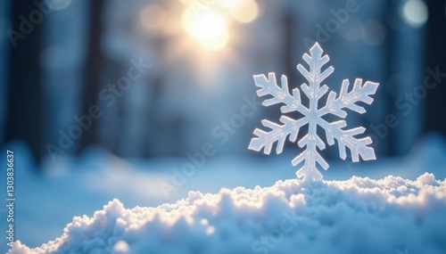 Large snowflake floats above the snowy forest floor, light, large