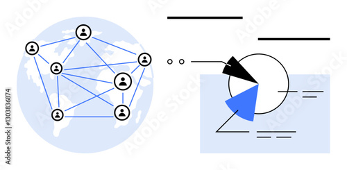 Globe with interconnected user icons symbolizing networking alongside pie chart and data analysis graphics. Ideal for communication, collaboration, data sharing, teamwork, analytics, strategy