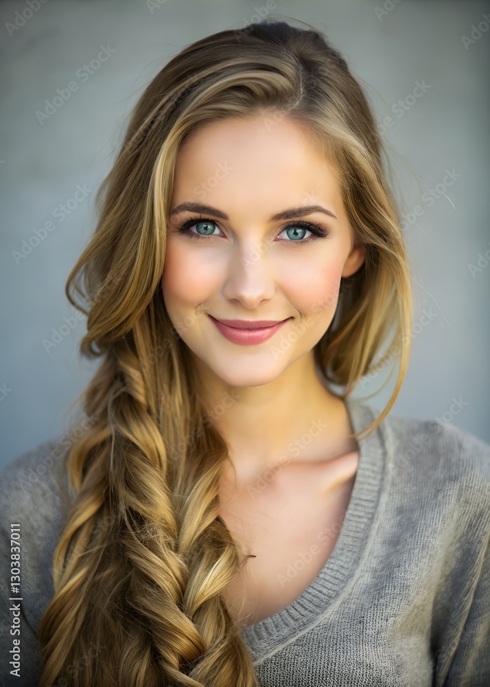 Naklejka premium Warm and Friendly Young Woman with Grey Eyes