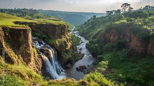 A secluded river gorge with cascading rapids and lush green cliffs