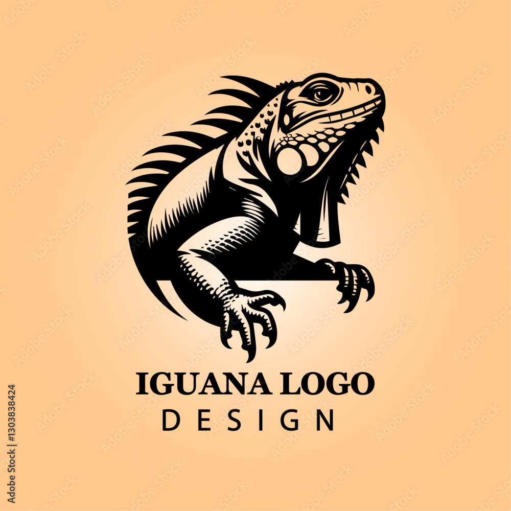 Fototapeta premium Stylized Iguana Logo Design in Tribal Vector Art, Bold Black Silhouette on Warm Background for Branding, Business Identity, and Wildlife Conservation