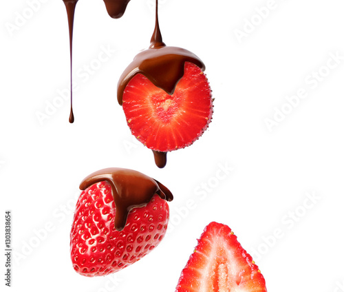 Creative layout made of bar of dark  chocolate and strawberry on the white background. Flat lay. Food concept.  Melted chocolate on the strawberry on the white.
