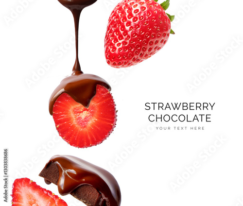 Creative layout made of bar of dark  chocolate and strawberry on the white background. Flat lay. Food concept.  Melted chocolate on the strawberry on the white.