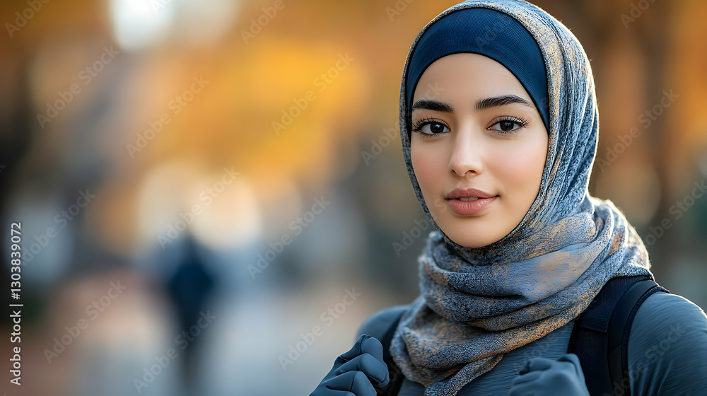 Young woman in a hijab smiling softly while walking in a vibrant autumn park with blurred figures in the background Young woman in a hijab smiling softly while walking in a vibrant autumn park with blurred figures in the background