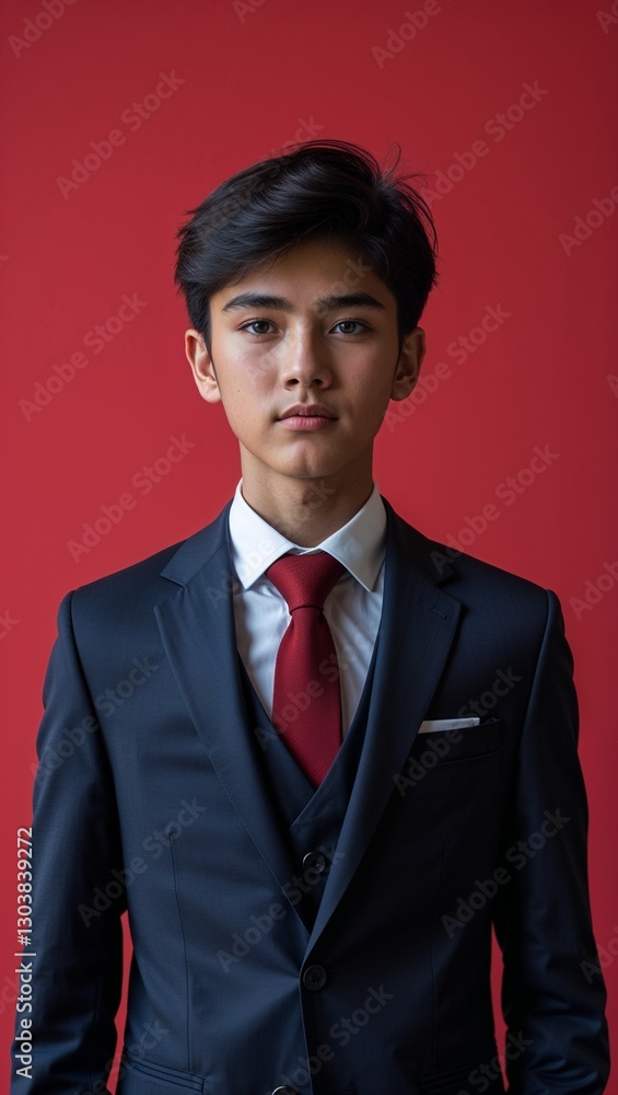 plain red background Asian teen guy in formal suit whole body portrait plain red background Asian teen guy in formal suit whole body portrait