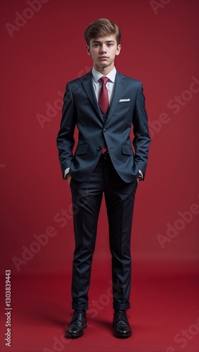 plain red background Caucasian teen guy in formal suit whole body portrait