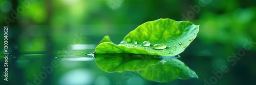 Leaf with water drops on its surface, slowly disappearing into the watery abyss, botanical, life cycle