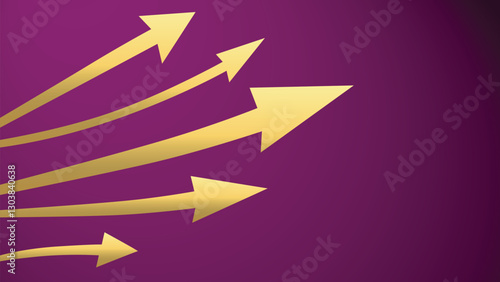 Golden arrows going forward show business progress profit advanced development with Purple background