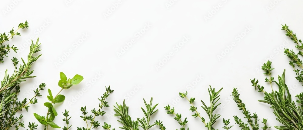 A charming border of fresh rosemary and other aromatic green herbs, delicately arranged on a white background, leaving ample space in the center for custom text or design elements. A charming border of fresh rosemary and other aromatic green herbs, delicately arranged on a white background, leaving ample space in the center for custom text or design elements.