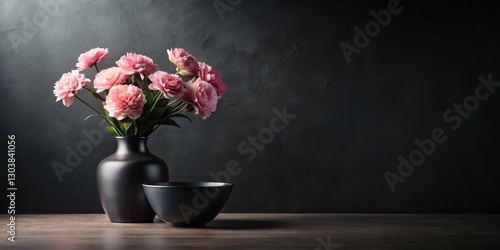 Wallpaper Mural Dark Still Life Featuring Delicate Pink Blooms in a Sleek Black Vase and a Simple Bowl Torontodigital.ca