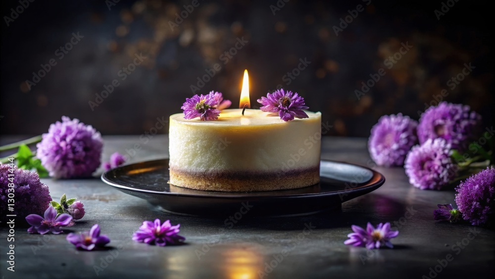 A single lit candle atop a delicate dessert, adorned with vibrant purple blossoms, rests on a dark plate, surrounded by more flowers, creating a serene and tranquil atmosphere. A single lit candle atop a delicate dessert, adorned with vibrant purple blossoms, rests on a dark plate, surrounded by more flowers, creating a serene and tranquil atmosphere.