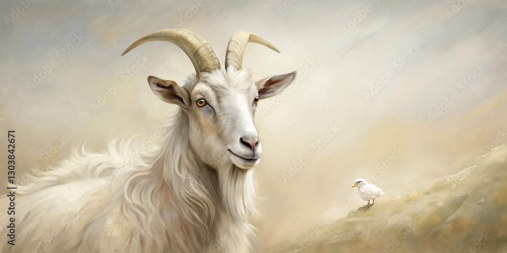 Obraz premium A Majestic White Goat and a Small White Bird Share a Serene Moment in a Softly Painted Landscape
