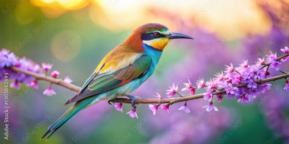 A Vibrant Rainbow Bird Perched on a Delicate Branch Adorned with Blossoms in a Soft, Dreamy Garden Setting A Vibrant Rainbow Bird Perched on a Delicate Branch Adorned with Blossoms in a Soft, Dreamy Garden Setting