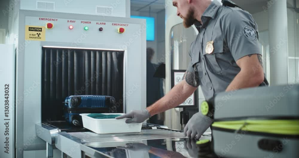 Airport Security Checkpoint: Security Officer Putting Suitcases and Personal Items in Trays on Conveyor Belt with X-ray Scanning. People Passing Through Metal Detector Gates. TSA Screening Procedures. Airport Security Checkpoint: Security Officer Putting Suitcases and Personal Items in Trays on Conveyor Belt with X-ray Scanning. People Passing Through Metal Detector Gates. TSA Screening Procedures.