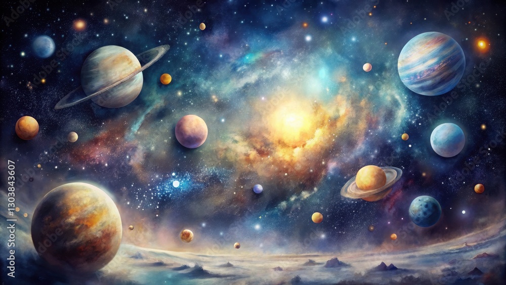 A Celestial Tapestry of Planets, Nebulae, and Stars Across a Vast, Imaginary Cosmos A Celestial Tapestry of Planets, Nebulae, and Stars Across a Vast, Imaginary Cosmos