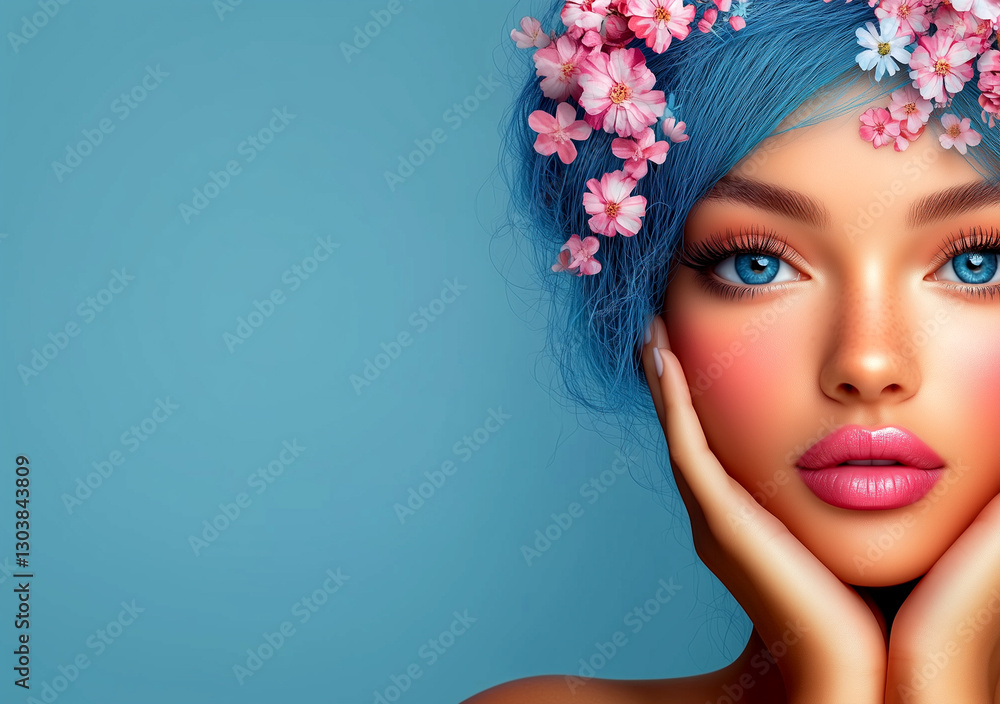 Naklejka premium Woman with blue hair and pink flowers in her hair. She is wearing a blue scarf