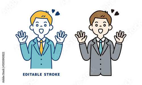 目を輝かせて驚く、若いビジネスマンのベクターイラスト素材＿線幅の編集可能