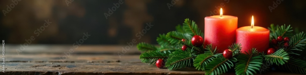 Candles nestled in evergreen garland on a wooden table, evergreen garland, pine branches, rustic ambiance Candles nestled in evergreen garland on a wooden table, evergreen garland, pine branches, rustic ambiance