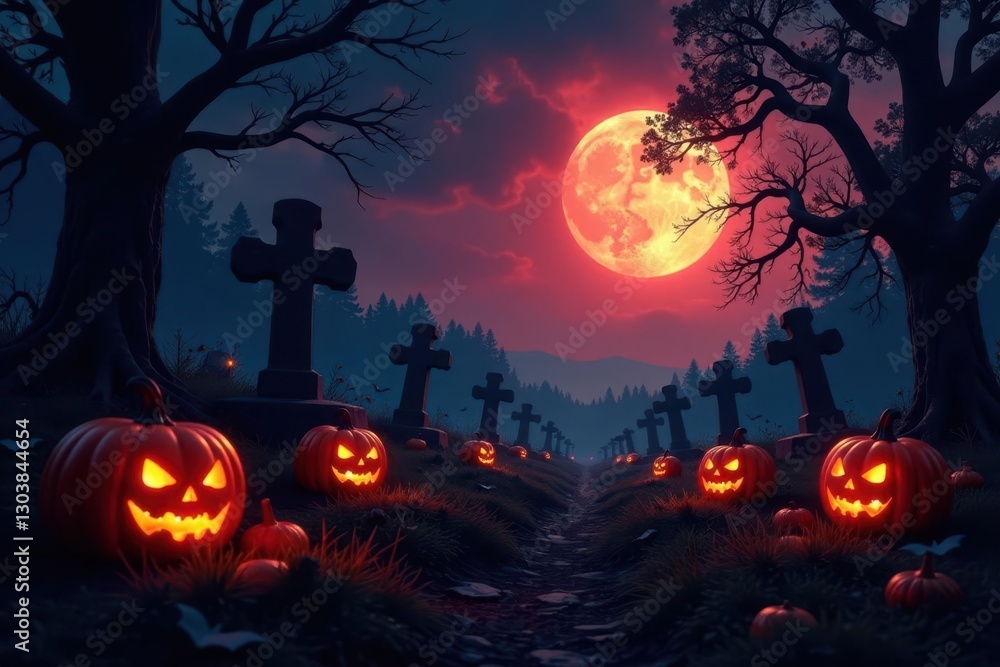 Graveyard at dusk with glowing pumpkins and lanterns,, darkening sky, eerie landscape Graveyard at dusk with glowing pumpkins and lanterns,, darkening sky, eerie landscape