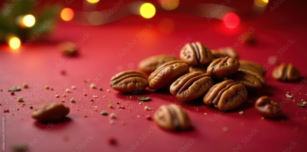 Pecan nuts scattered on a red surface covered in Christmas decorations and lights, christmas, surface Pecan nuts scattered on a red surface covered in Christmas decorations and lights, christmas, surface