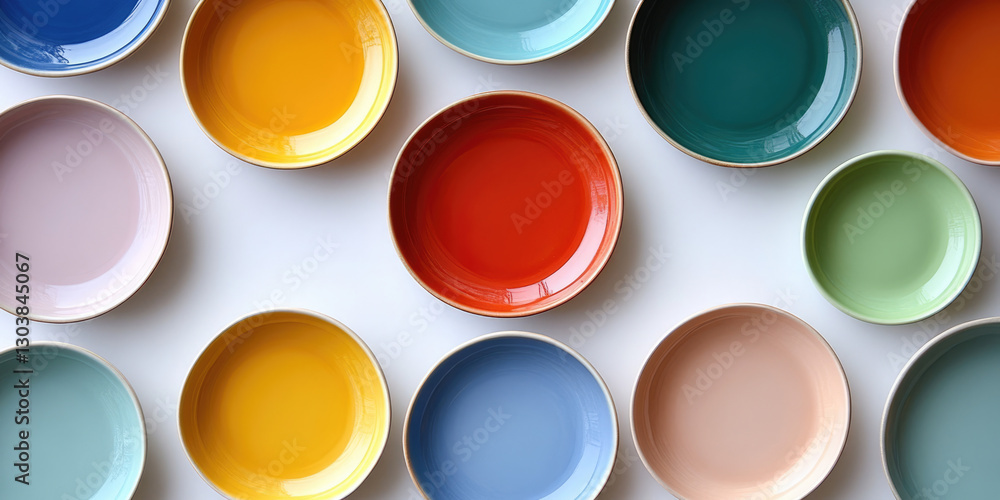 Colorful plates arranged in rows on a white background. Ideal for food photography, tableware blogs, party planning websites, kitchen decor articles, and vibrant dining themes. Colorful plates arranged in rows on a white background. Ideal for food photography, tableware blogs, party planning websites, kitchen decor articles, and vibrant dining themes.