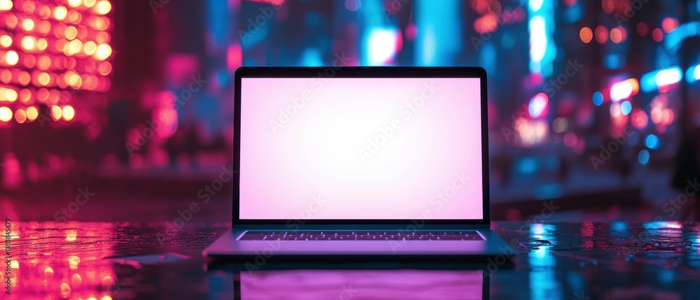 Futuristic workspace white minimalist laptop with blank screen in neon city lights Futuristic workspace white minimalist laptop with blank screen in neon city lights
